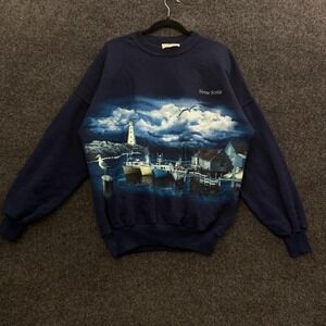 Nova Scotia Harbor Lighthouse Scenic Crewneck Sweatshirt AOP Navy Nature Vintage